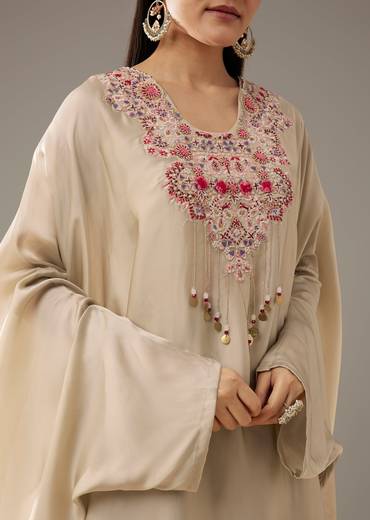 Beige Thread Embroidered Top and Dhoti Skirt Set