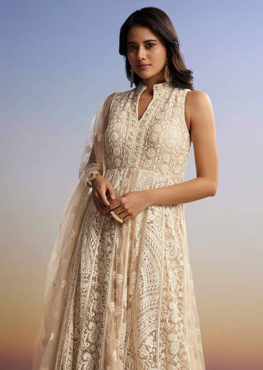 Beige Threadwork Anarkali With Dupatta