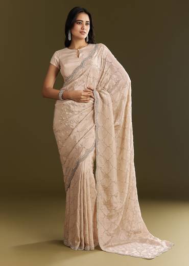 Beige Tissue Embroidered Saree With Cutdana Stones And Sequins