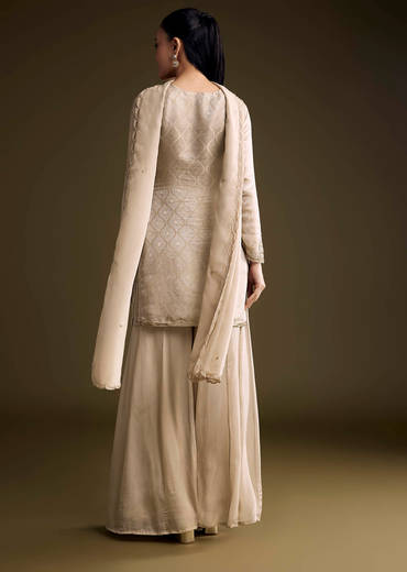 Beige Tissue Palazzo Suit With Banarasi Weave And Sequins Embroidery