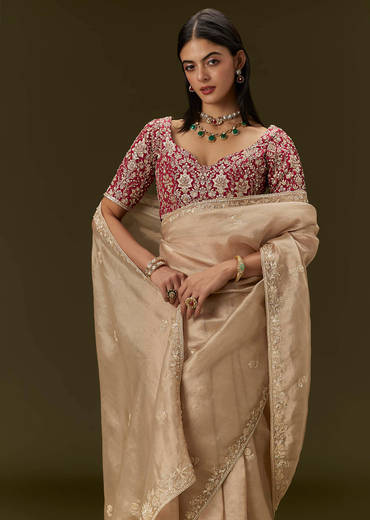 Beige Tissue Saree With Embroidered Brocade Blouse
