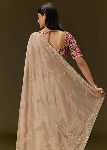 Beige Tissue Saree With Embroidered Brocade Blouse