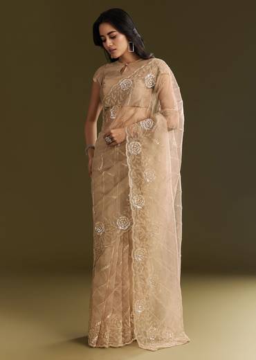 Beige Tissue Saree With Floral Embroidery And Scallop Border