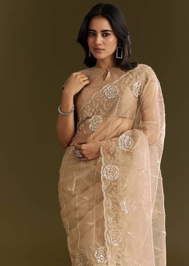 Beige Tissue Saree With Floral Embroidery And Scallop Border