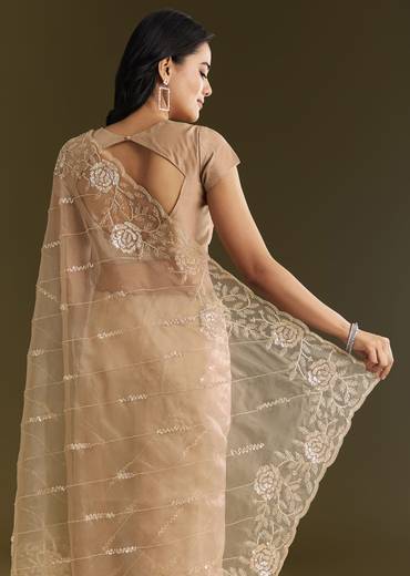 Beige Tissue Saree With Floral Embroidery And Scallop Border
