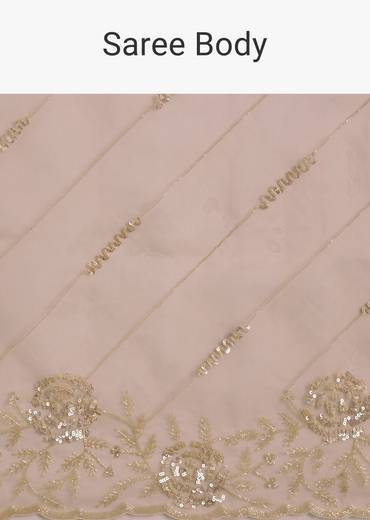 Beige Tissue Saree With Floral Embroidery And Scallop Border