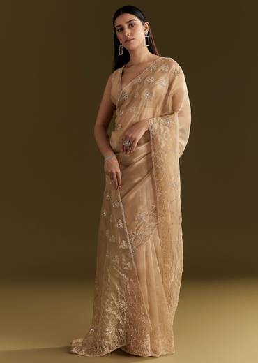 Beige Tissue Saree With Heavy Cutdana And Beads Embroidery
