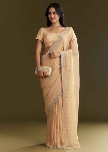 Beige Tissue Saree With Leaf Motif Embroidery In Sequins And Cutdana