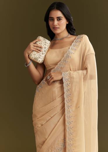 Beige Tissue Saree With Leaf Motif Embroidery In Sequins And Cutdana