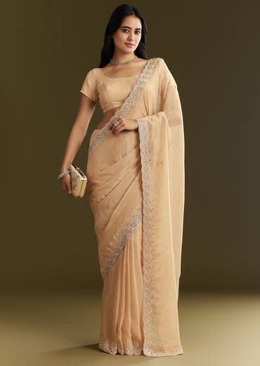 Beige Tissue Saree With Leaf Motif Embroidery In Sequins And Cutdana