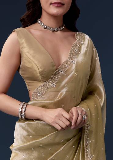Beige Tissue Silk Saree With Cutdana Beads And Sequin Embroidery
