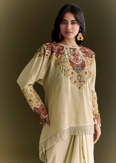Beige Tussar Silk Kurta Skirt With Beads And Threadwork
