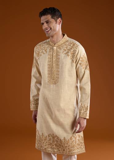 Beige Viscose Embroidered Mens Kurta Pant Set