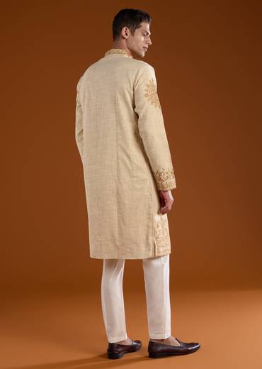 Beige Viscose Embroidered Mens Kurta Pant Set