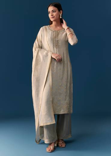 Beige Weave Kurta Set With Zardosi And Cut Dana Work
