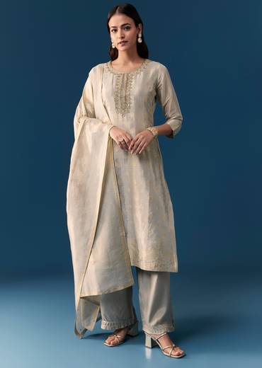 Beige Weave Kurta Set With Zardosi And Cut Dana Work