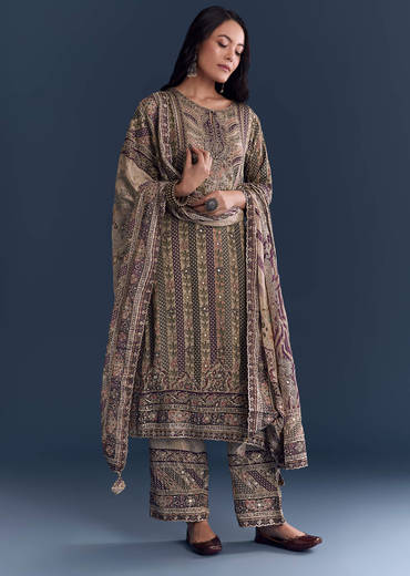 Beige Wine Crepe Kurta Set With Floral Print