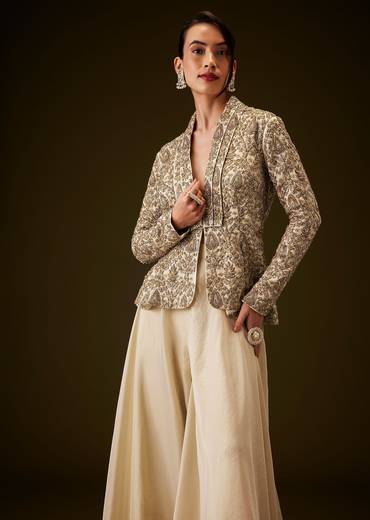 Beige Gold Zardozi Embroidered Peplum Jacket With Palazzo