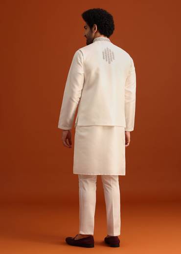 Beige Silk Blend Kurta And Jacket Set With Mirror Work