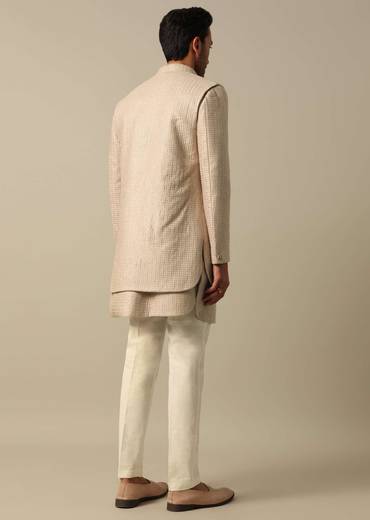 Beige Textured Indowestern Set for Grooms