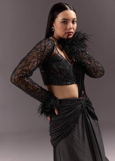 Black 3D Patchwork Cutdana Drape Saree With Sleeveless Overlap Blouse