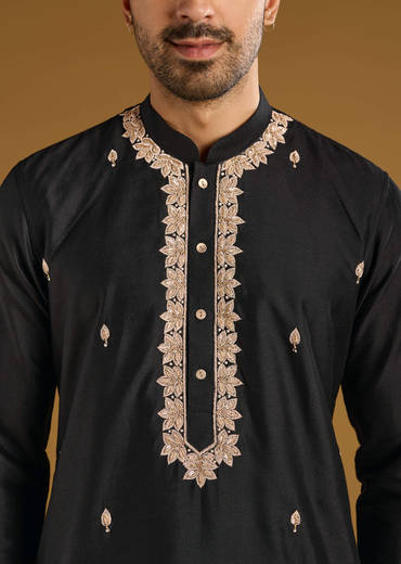 Black Banarasi Silk Kurta Set For Men With Aari And Zardosi Work