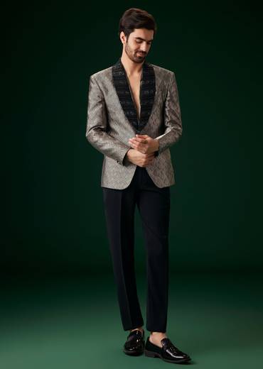 Black Banarasi Silk Tuxedo With Cut Dana And Crystal Embroidery