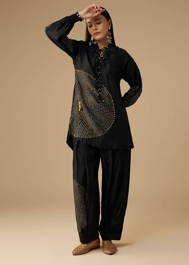 Black Bandhani Printed Silk Kurta Pant Set