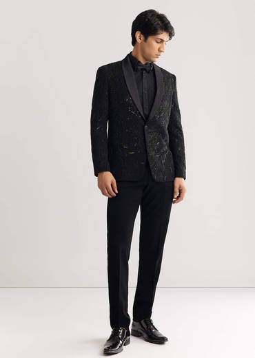 Black Beads And Sequin Embroidered Tuxedo Suit
