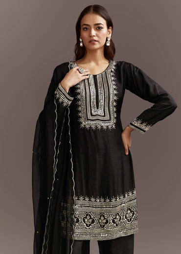 Black Beads And Sequins Work Kurta Set With Organza Dupatta