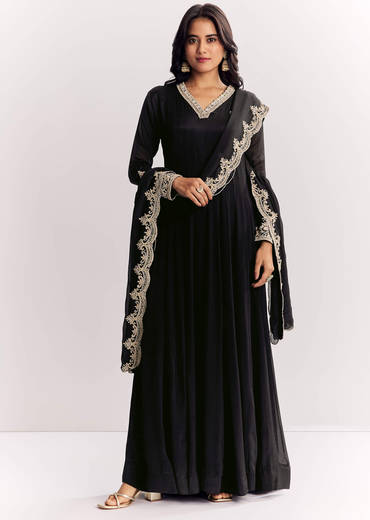 Black Chinon Anarkali Suit With Zardosi Work And Embroidered Dupatta