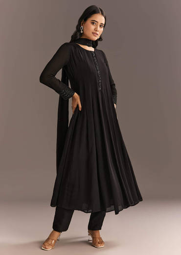 Black Chinon Beaded Sequin Anarkali Pant With Dupatta