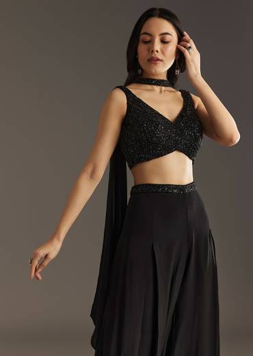Black Crepe Embroidered Croptop With Embroidered Palazzo And Choker Dupatta