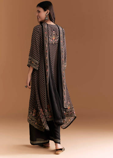 Black Crepe Kurta Set With Indie Print And Stone Work