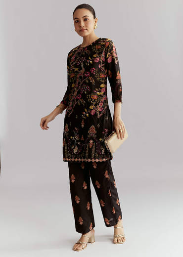 Black Crepe Printed Co Ord Set With Sequins And Beads Work