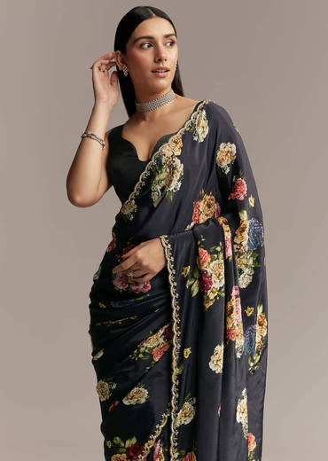 Black Crepe Saree With Floral Digital Print And Embroidered Border