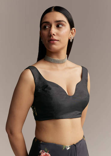 Black Crepe Saree With Floral Digital Print And Embroidered Border