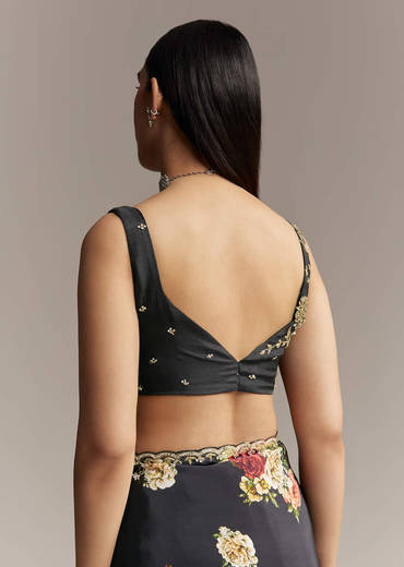 Black Crepe Saree With Floral Digital Print And Embroidered Border