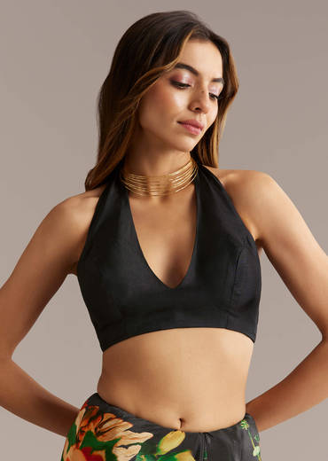 Black Crepe Saree With Floral Print And Stone Embroidery