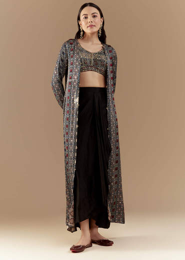 Black Crop Top and Skirt Set with Ajrakh