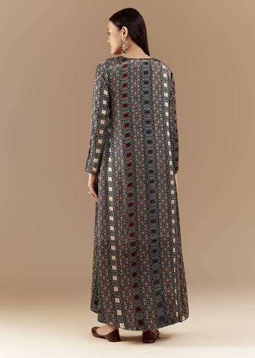 Black Crop Top and Skirt Set with Ajrakh