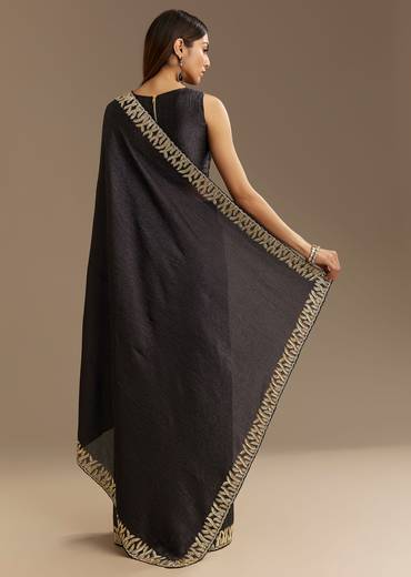 Black Crushed Tissue Saree With Scallop Border And Stone Embroidery
