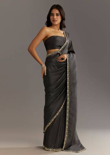 Black Crushed Tissue Saree With Scallop Embroidered Border
