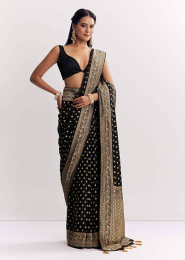 Black Dola Silk Saree With Woven Butti Work Border