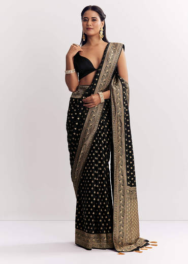 Black Dola Silk Saree With Woven Butti Work Border