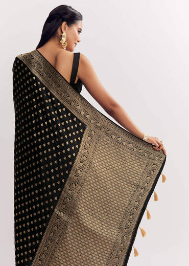 Black Dola Silk Saree With Woven Butti Work Border
