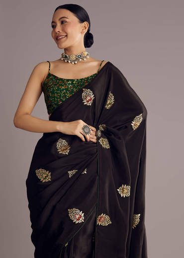 Black Dola Silk Saree With Woven Buttis