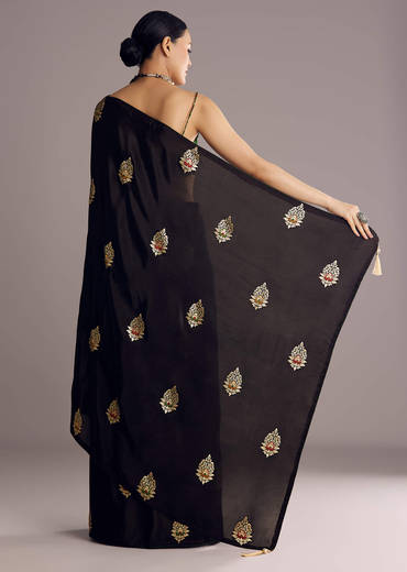 Black Dola Silk Saree With Woven Buttis