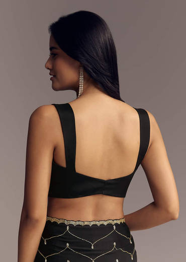 Black Embroidered Chinon Saree With Cut Dana Work