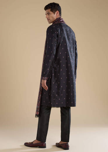 Black Embroidered Mens Kurta Set with Kashmiri Print Dupatta
